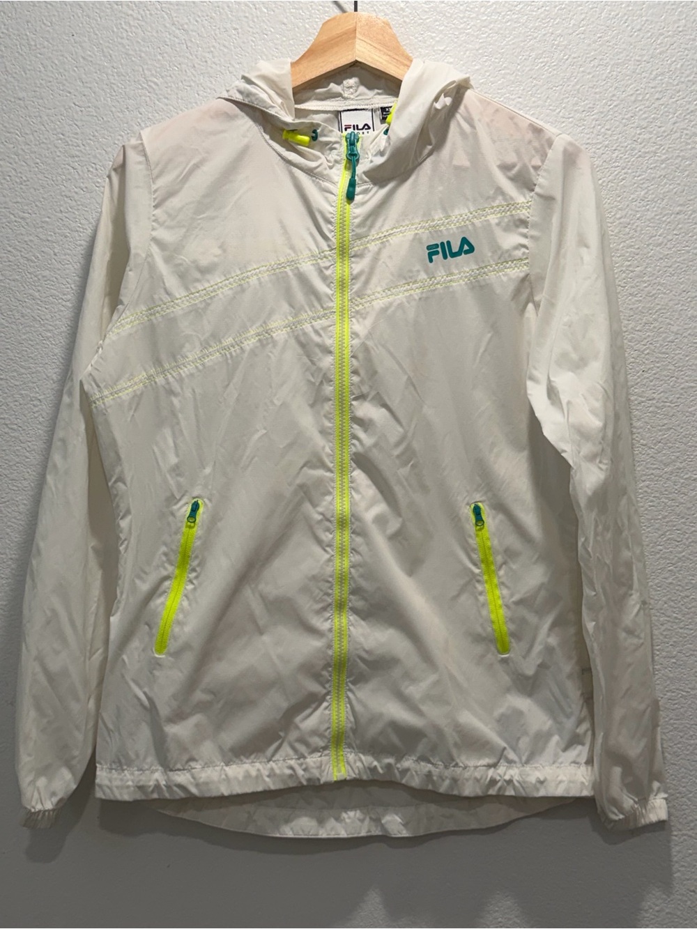 Fila Sport White Neon Windbreaker Jacket Hooded Lightweight Running Size XS
